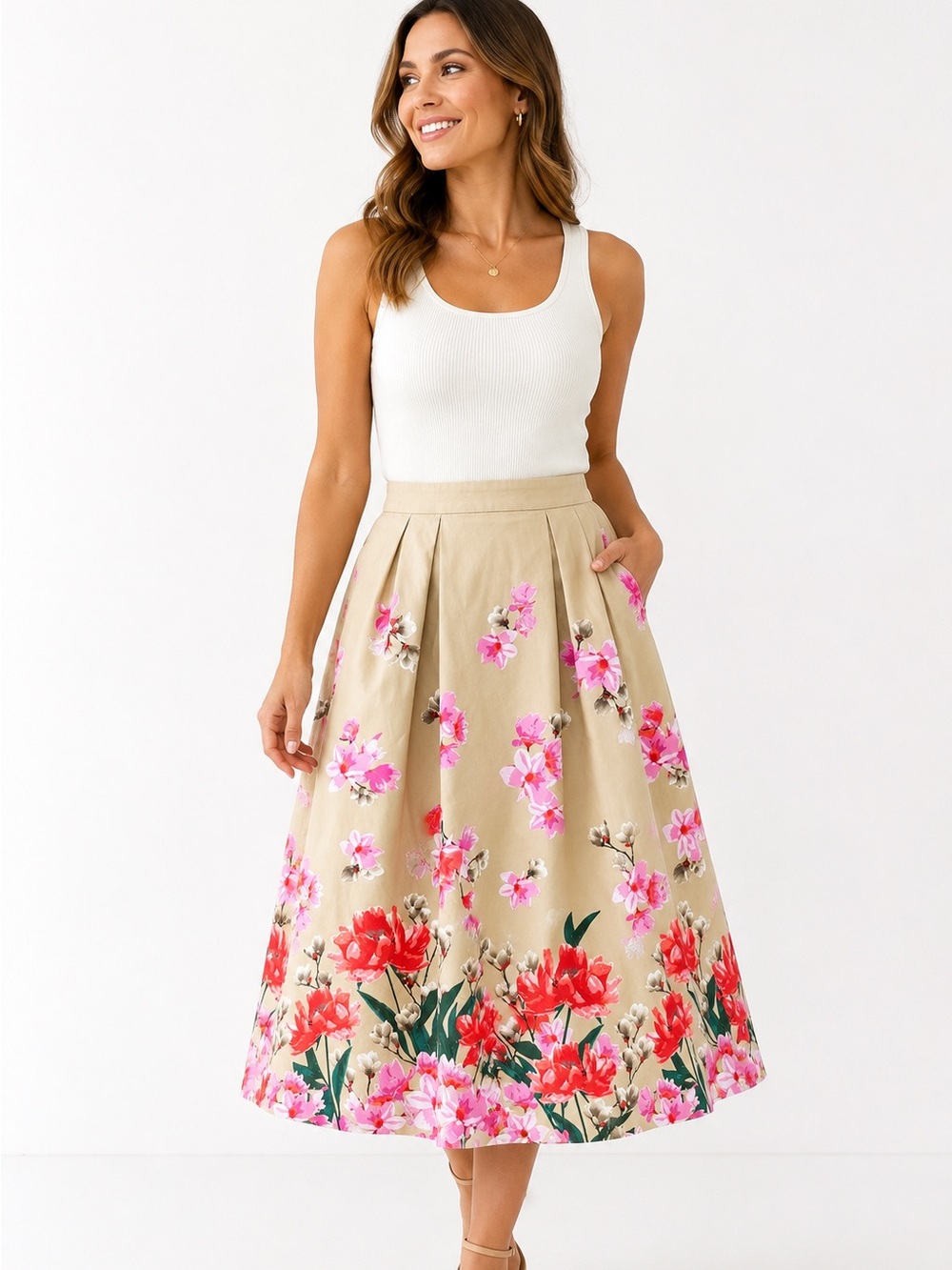 Lands’‎ End Floral A-Line Lined Midi Skirt Cotton Blend Pleated Size 2 Spring
